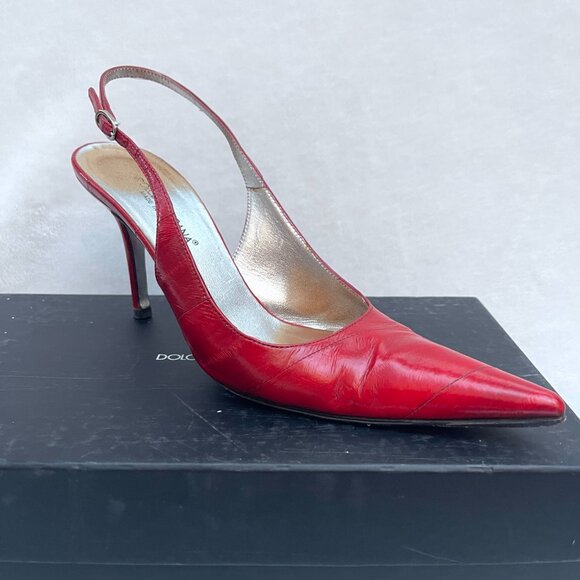 Auc Dolce & Gabbana Eel Skin Red Pointed Toe Slingback Heels IT 37,5 US 7,5 - Picture 11 of 13